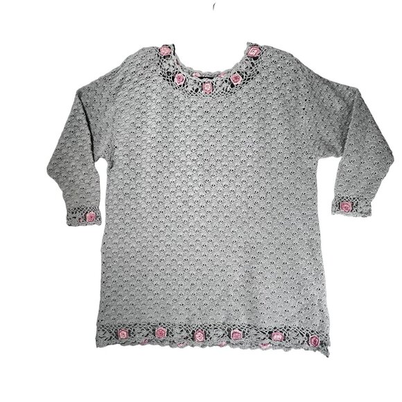 Vintage Handmade Crochet Green Tunic Sweater Pink Roses Colleens Collectables - Picture 1 of 13